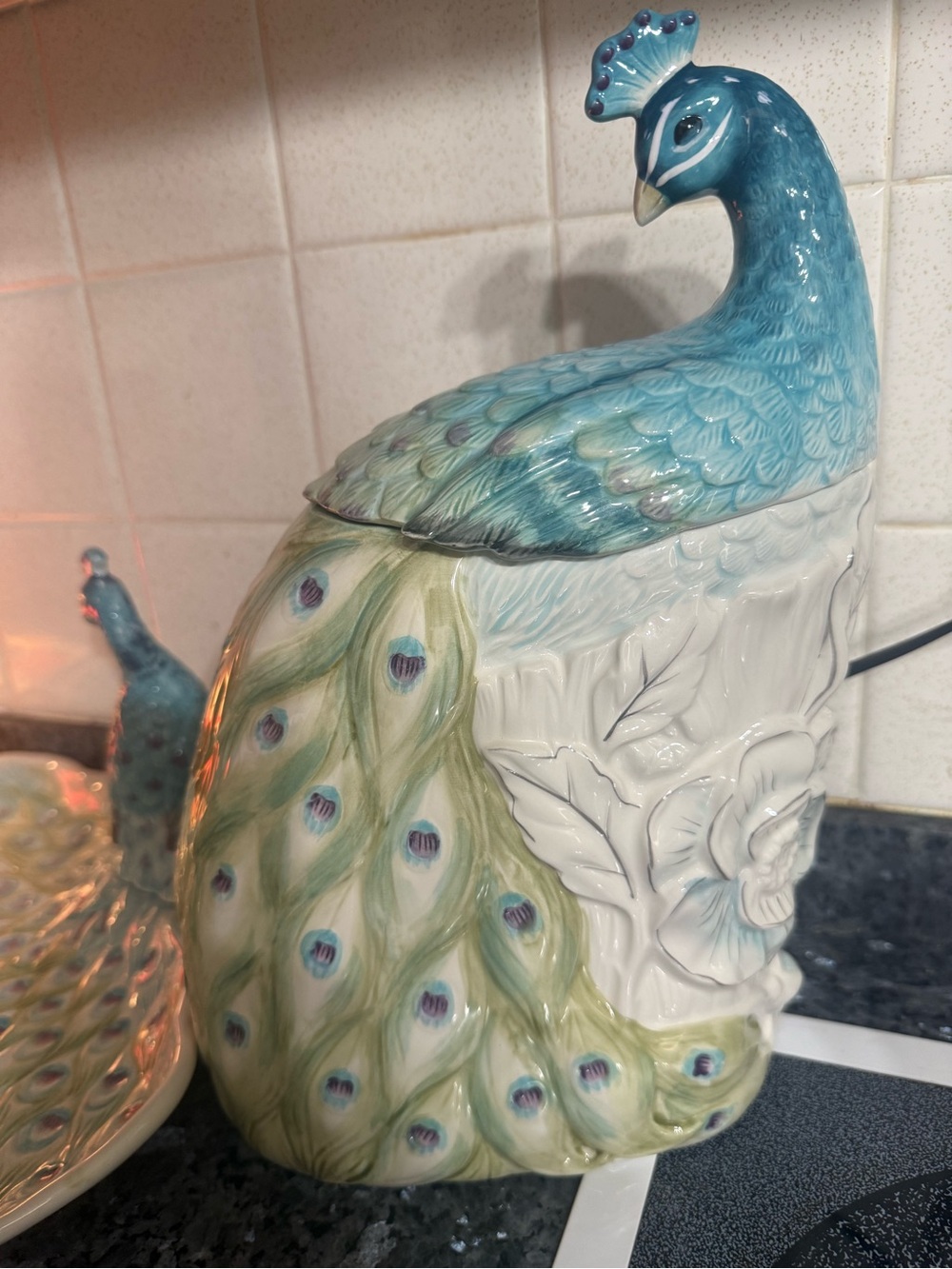 Edie Rose Peacock Cookie Jar in Blue and Green